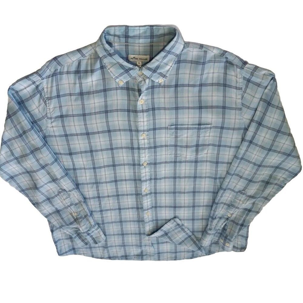 Petter Millar Men's Long-sleeved‎ Button's Shirt XL Plaid Powder Blue Cotton